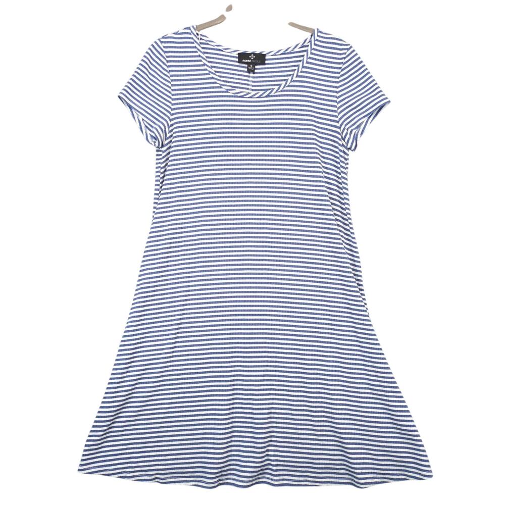 Ronni Nicole Blue White Striped A-Line Short Dress Sz S Comfort Stretch Beachy